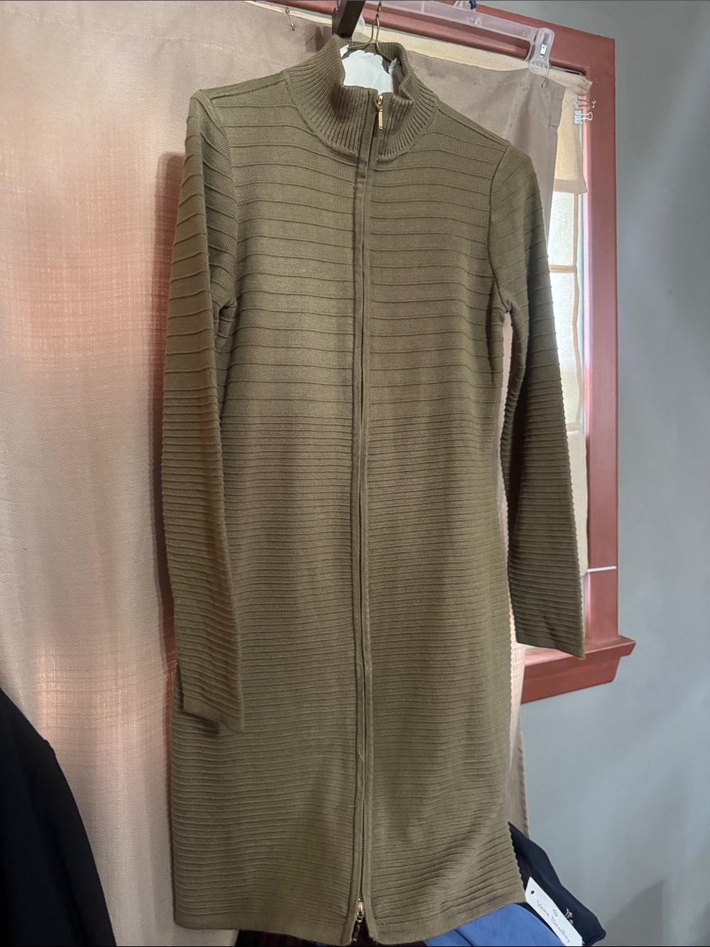 Calvin Klein Olive Ribbed Zip-Front Long Sleeve Dress